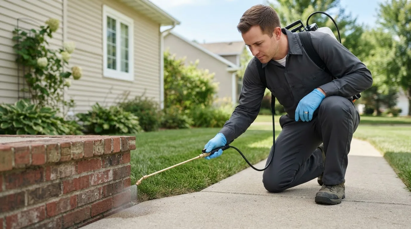 Pest control technician treating a home near Clarence, IA