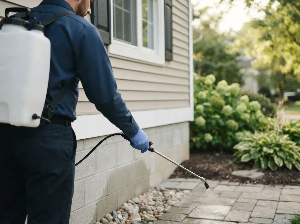 Pest control technician inspecting a home in Clarence, IA